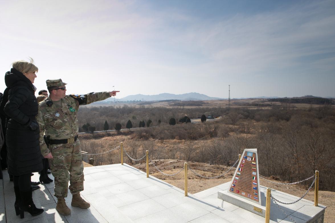 Foreign Minister Julie Bishop looking out over North Korea from ‘Check Point 3’, Demilitarised Zone