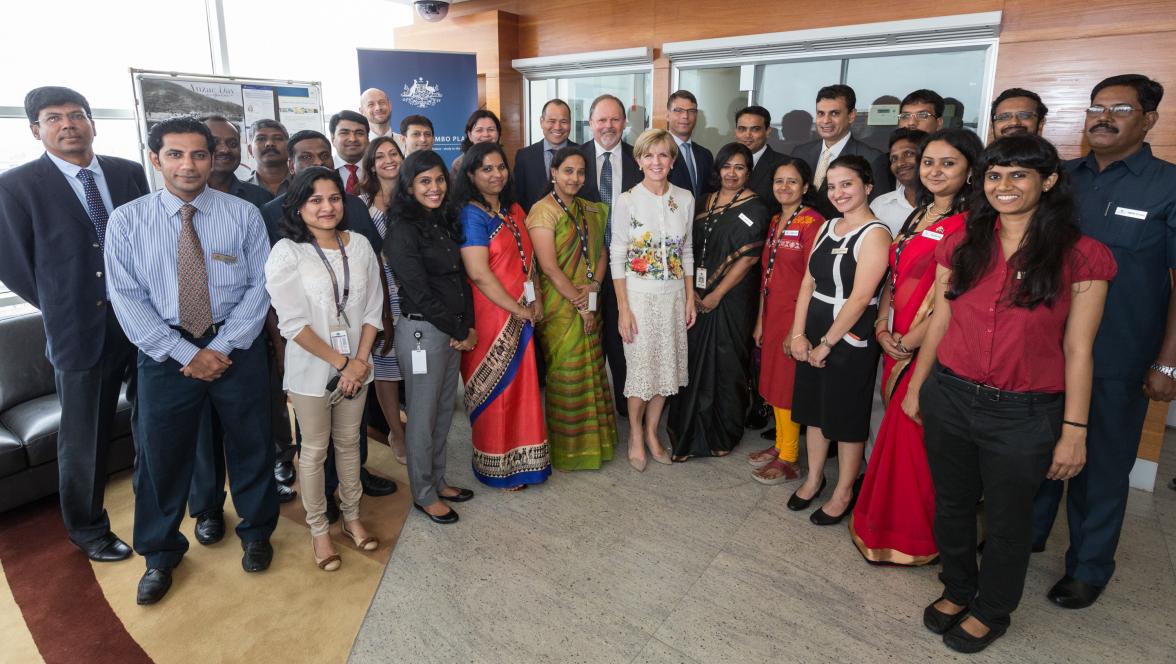 15 April 2015, Chennai, Tamil Nadu, India;  The Hon. Julie Bishop, Australian Minister for Foreign Affairs with the staff of the Australian Consulate, Chennai  where she participated in the opening of the  Consulate, during her visit to India to promote t