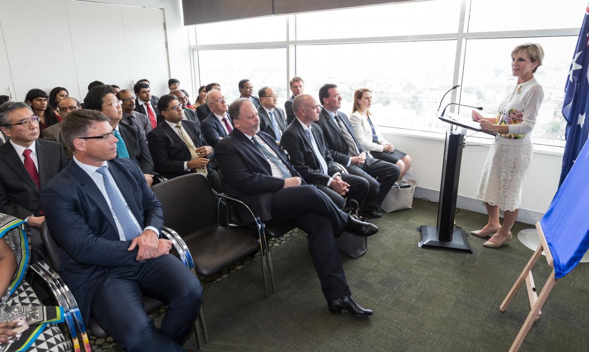 15 April 2015, Chennai, Tamil Nadu, India;  The Hon. Julie Bishop, Australian Minister for Foreign Affairs gives a speech to the open the Australian Consulate, Chennai, during her visit to India to promote trade and investment opportunities for Australia.