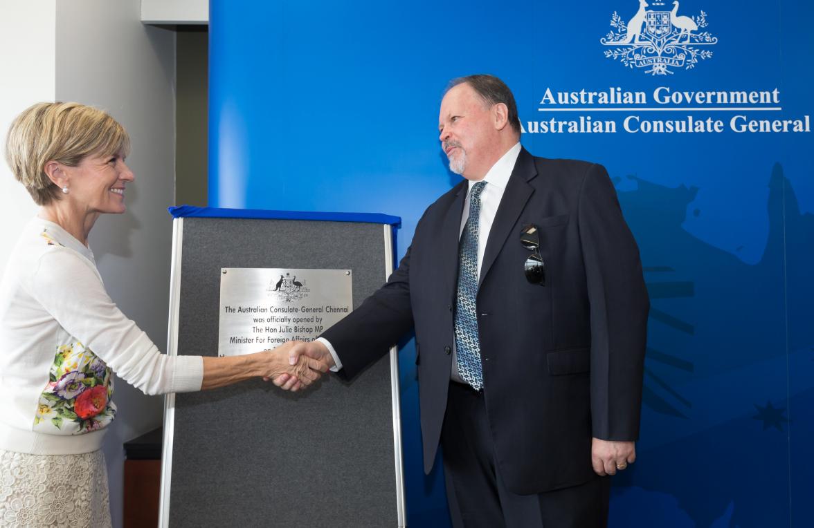 15 April 2015, Chennai, Tamil Nadu, India;  The Hon. Julie Bishop, Australian Minister for Foreign Affairs unveils the plaque with Australia's Consul to Chennai, Sean Kelly officially opening the Australian Consulate during her visit to India to promote t