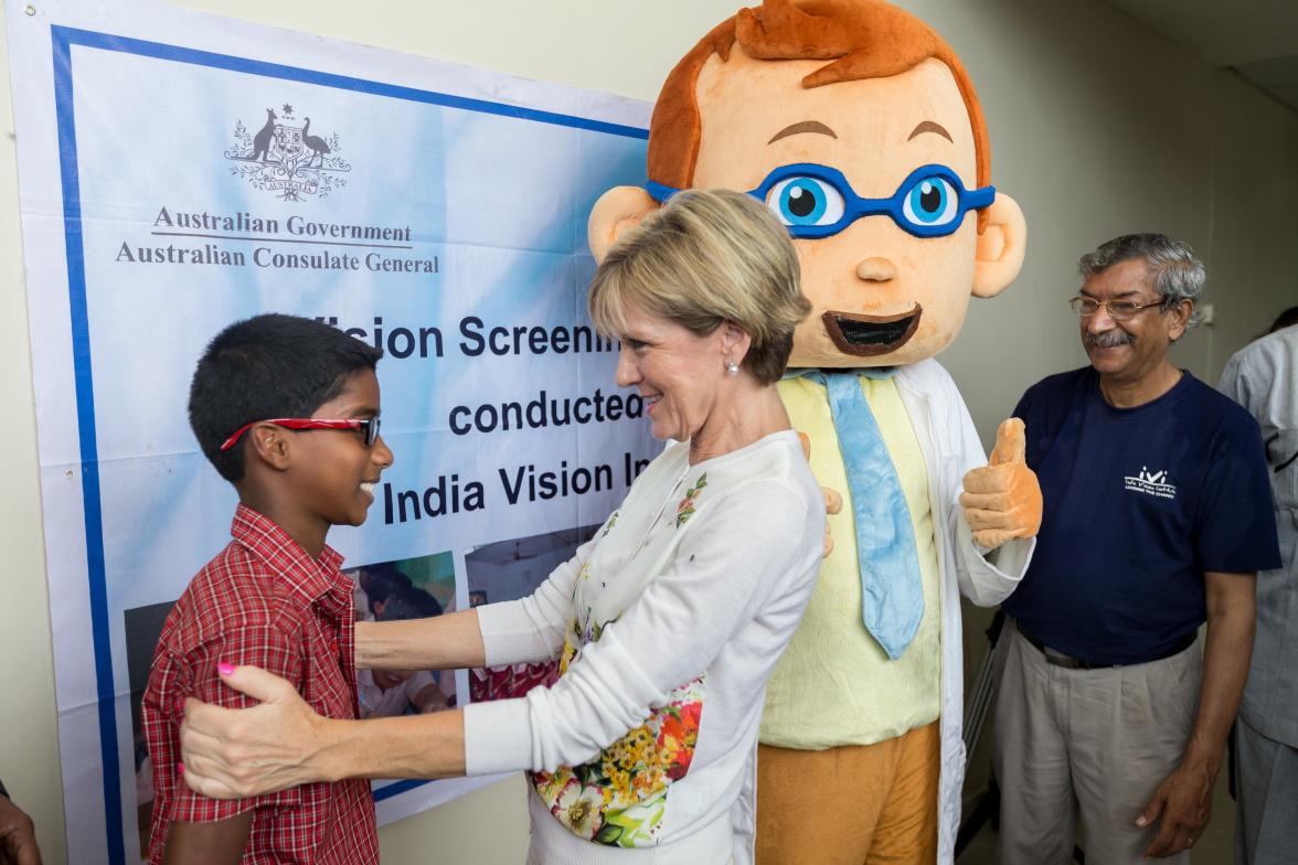 15 April 2015, Chennai, Tamil Nadu, India;  The Hon. Julie Bishop, Australian Minister for Foreign Affairs participates in handing out spectacles provided under Indian Vision Institute DAP vision screening project to young school students at the Australia