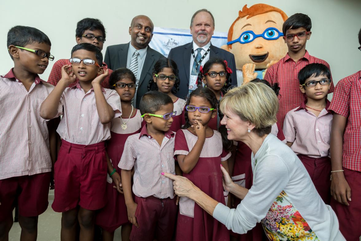 15 April 2015, Chennai, Tamil Nadu, India;  The Hon. Julie Bishop, Australian Minister for Foreign Affairs participates in handing out spectacles provided under Indian Vision Institute DAP vision screening project to young school students at the Australia