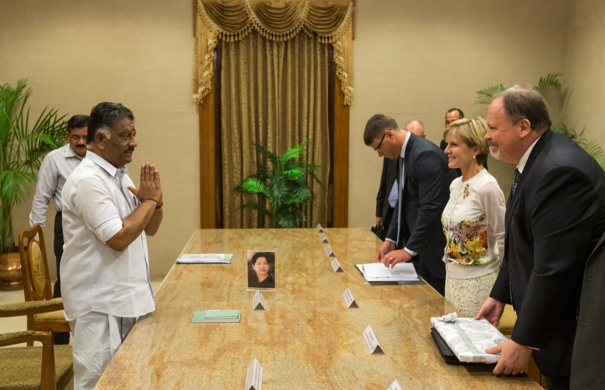 15 April 2015, Chennai, Tamil Nadu, India;  The Hon. Julie Bishop, Australian Minister for Foreign Affairs meeting with Chief Minister of Tamil Nadu, O. Panneerselvam during her visit to India to promote trade and investment opportunities for Australia. P