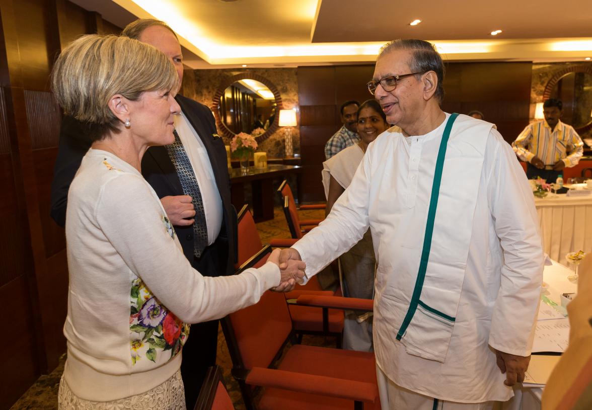 15 April 2015, Chennai, Tamil Nadu, India;  The Hon. Julie Bishop, Australian Minister for Foreign Affairs Meeting with SC Chandrahasan and senior Sri Lankan Tamil camp leaders  during her visit to India to promote trade and investment opportunities for A