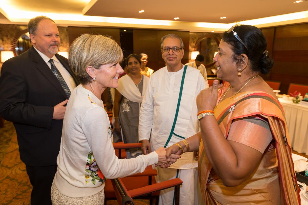 15 April 2015, Chennai, Tamil Nadu, India;  The Hon. Julie Bishop, Australian Minister for Foreign Affairs Meeting with SC Chandrahasan and senior Sri Lankan Tamil camp leaders  during her visit to India to promote trade and investment opportunities for A