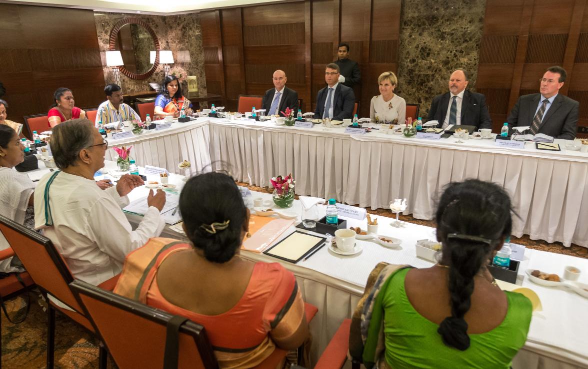 15 April 2015, Chennai, Tamil Nadu, India;  The Hon. Julie Bishop, Australian Minister for Foreign Affairs Meeting with SC Chandrahasan and senior Sri Lankan Tamil camp leaders  during her visit to India to promote trade and investment opportunities for A