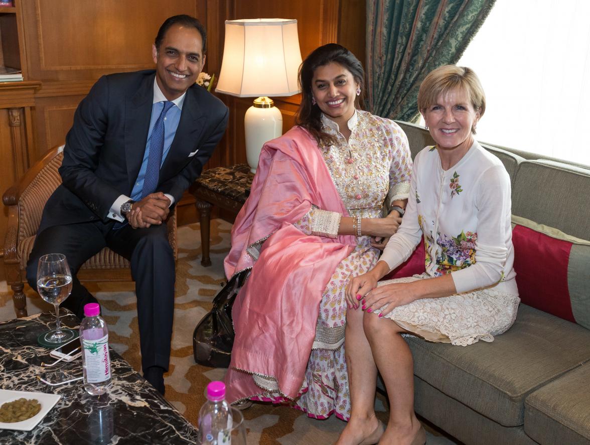 15 April 2015, Chennai, Tamil Nadu, India;  The Hon. Julie Bishop, Australian Minister for Foreign Affairs meeting with Chief Minister of Tamil Nadu, O. Panneerselvam during her visit to India to promote trade and investment opportunities for Australia. P