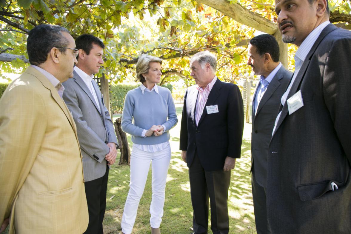 Mohamed Mael-Ainin, Ambassador to Australia, Morocco; Armando Alvarez-Reina, Ambassador to Australia, Mexico; Foreign Minister Julie Bishop ; Enrique Viguera Rubio, Ambassador to Australia, Spain; Nabil Mohammed A Al Saleh, Ambassador to Australia, Saudi