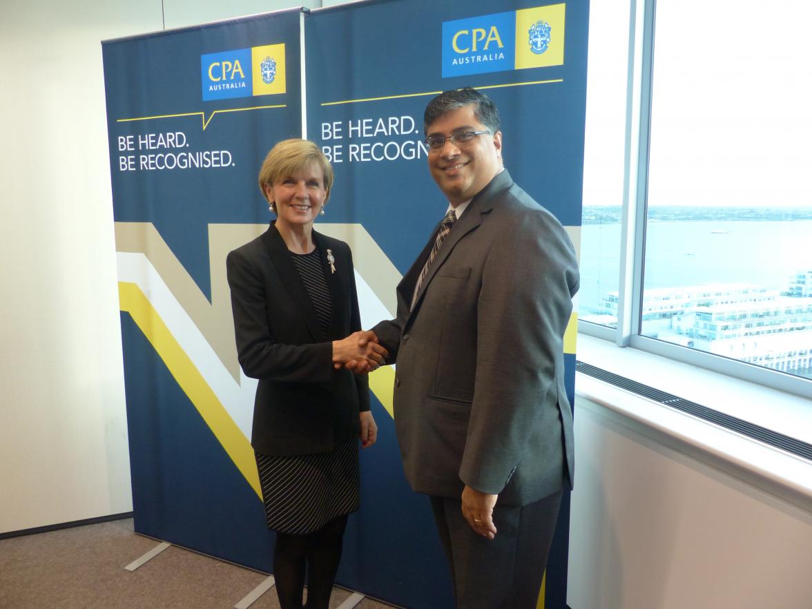 Australia's Foreign Minister Julie Bishop meets Mr Chandan Ohri, President of NZ Council of CPA Australia in Auckland. 1 July 2015.