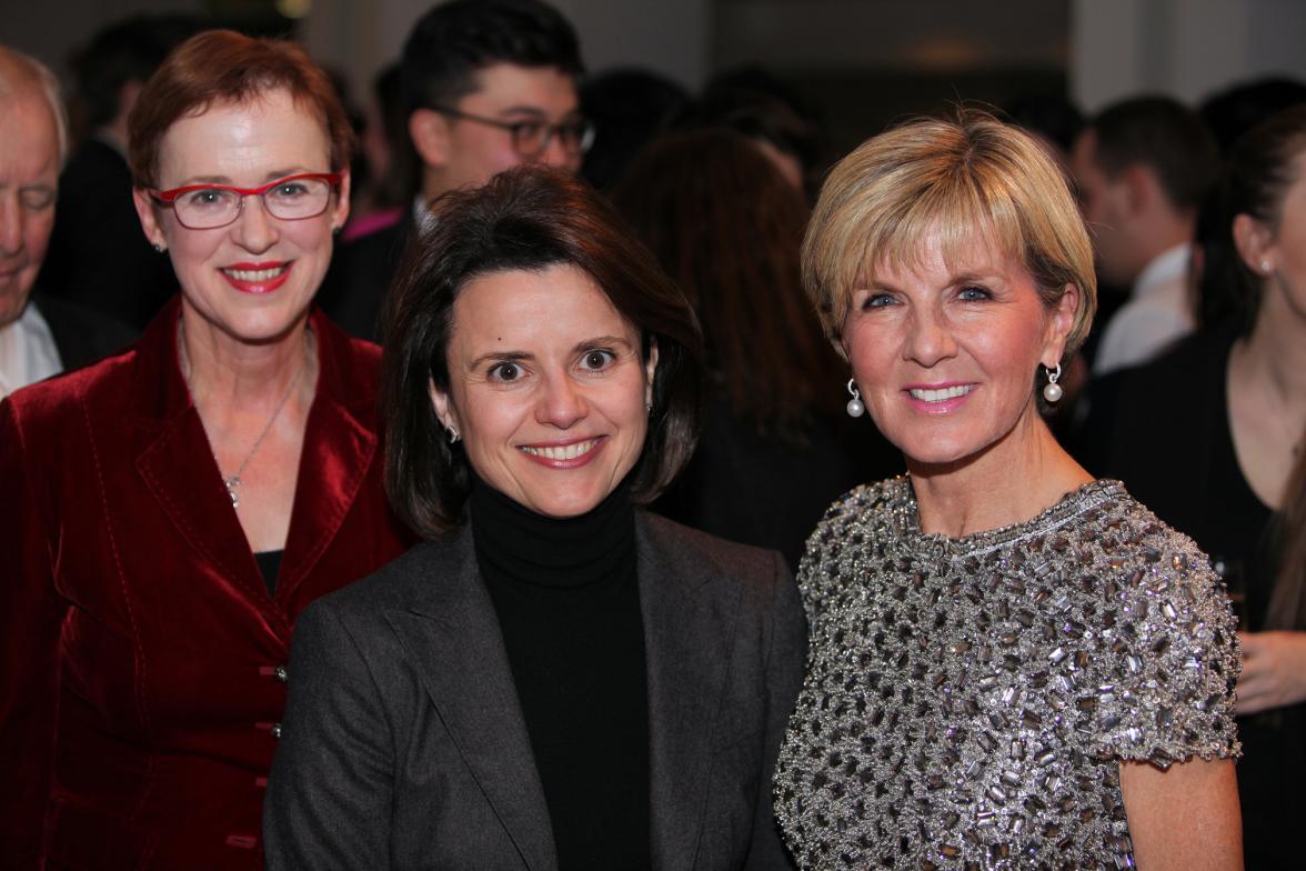 Foreign Minister Julie Bishop and Deputy Head of Mission Caroline Millar (l) welcome Maria Pica Karp (c), Vice President and General Manager, Government Affairs for exhibit sponsor Chevron, to the opening of 