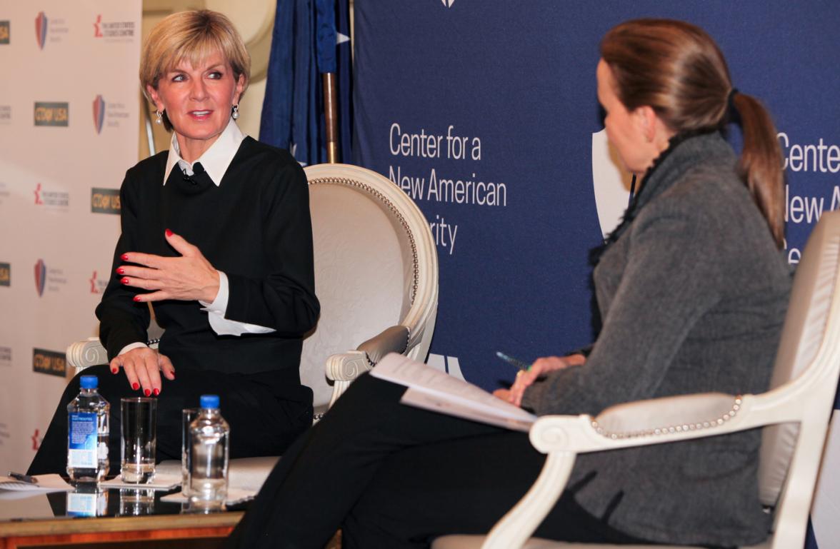 oreign Minister Julie Bishop chats with Michele Flournoy CEO Center for New American Security (CNAS) following her Keynote address to the G'Day USA forum in partnership with the Center for New American Security (CNAS) and the United States Studies Centre