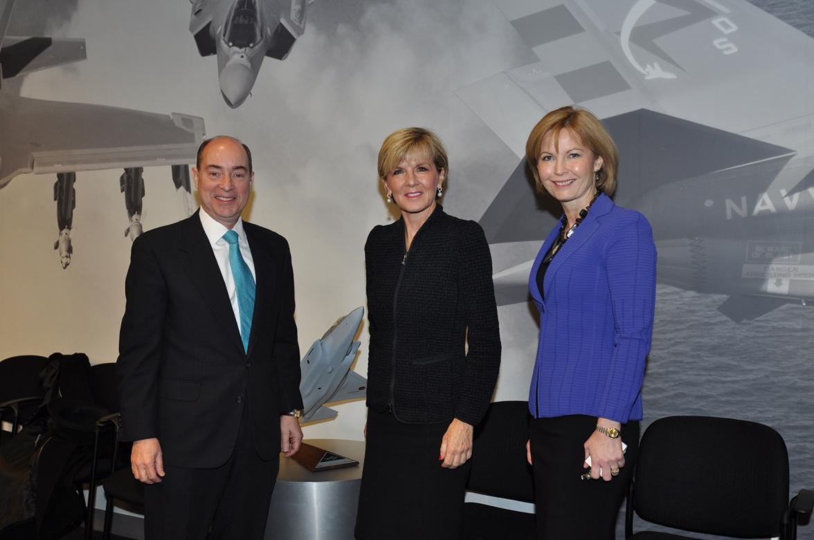 Foreign Minister Julie Bishop attends a Defence Innovation Roundtable hosted by the American-Australian Council (ACC) with hosts Matthew Freedom, Board Member ACC and Nancy Ziuzin-Schlegel, Vice President International Government Affairs Lockheed Martin