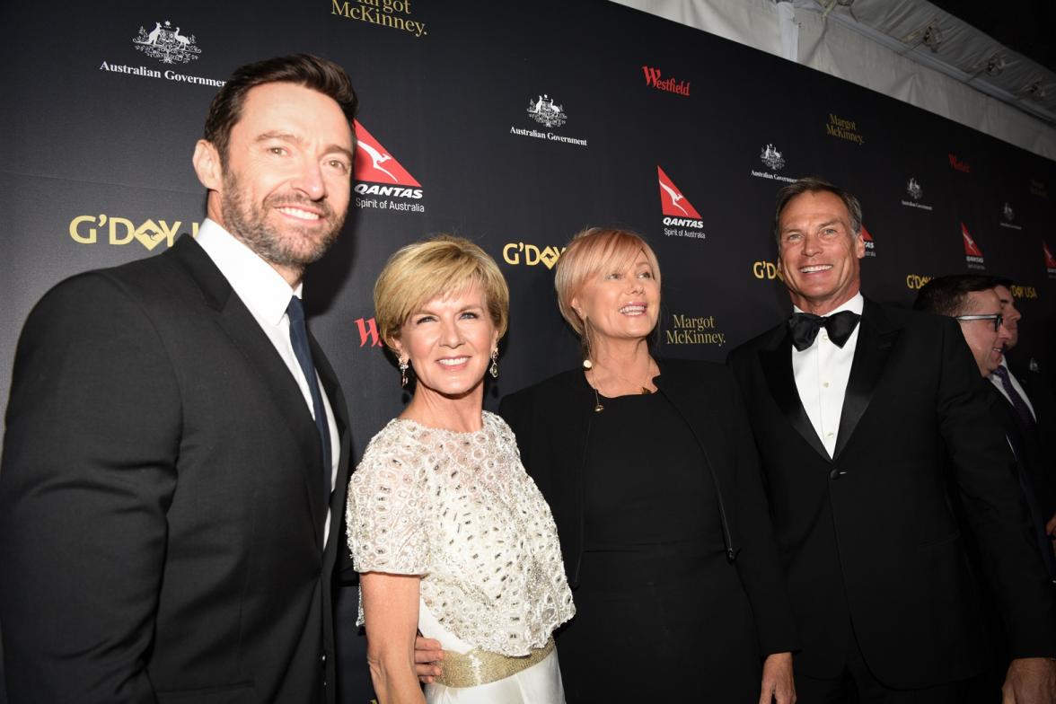 Foreign Minister Julie Bishop alongside actor and former G’Day USA Honoree Hugh Jackman, Deborah-Lee Furness and David Panton on the red carpet at the G’Day USA Gala in Los Angeles on January 28.