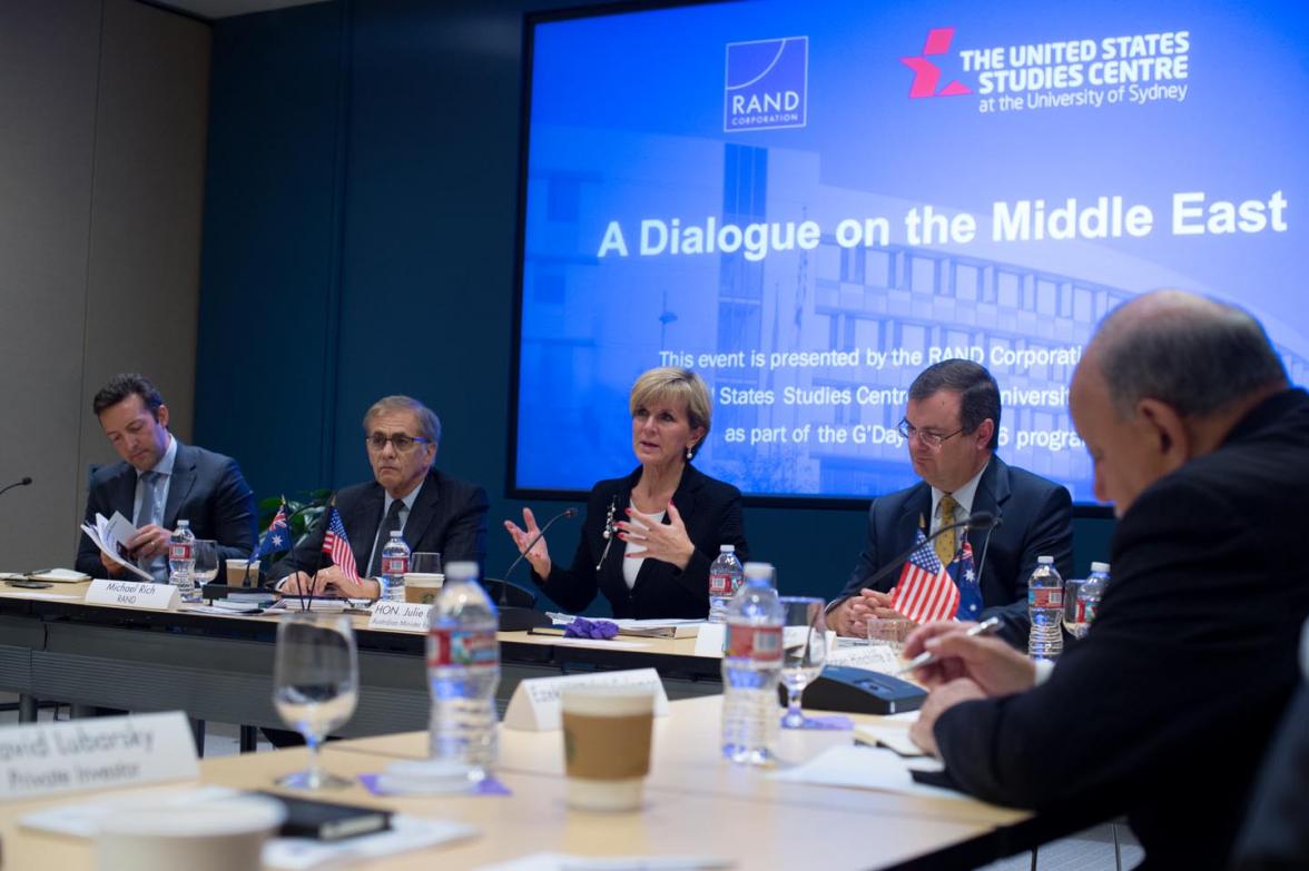 Foreign Minister Julie Bishop delivering remarks on Iran, Violent Extremism and US-Australian cooperation in the Middle East at the G’Day USA/USSC Foreign Policy Roundtable at RAND Corporation in Los Angeles on January 29.