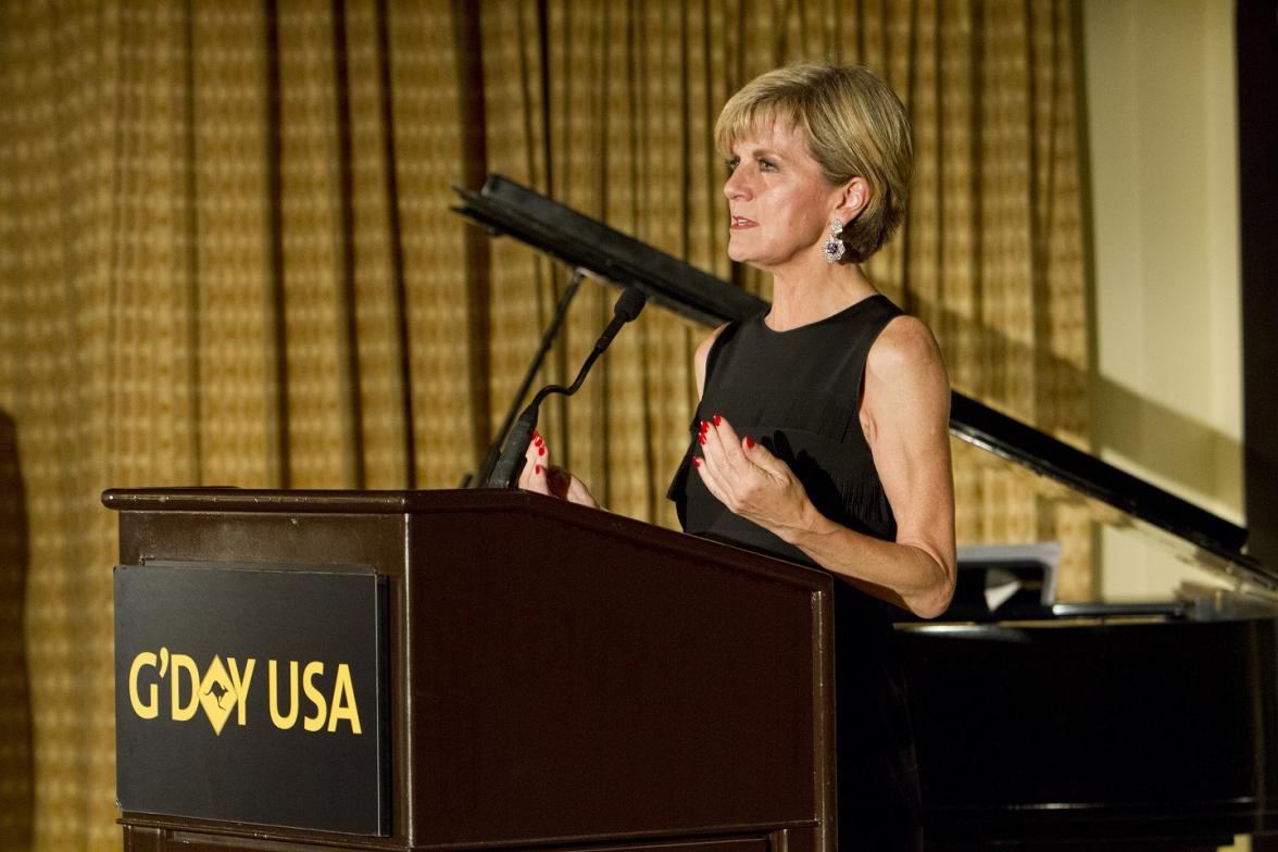 Foreign Minister Julie Bishop thanks G’Day USA sponsors and partners on-stage at the Beverly Wilshire Hotel for the G’Day USA Partners and Sponsors Reception on January 29.