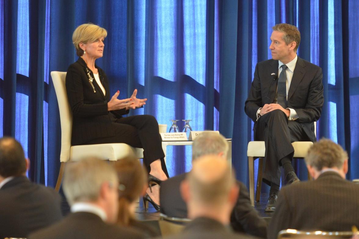 Foreign Minister Julie Bishop discusses US-Australian cooperation in the Asia-Pacific alongside UCLA’s Director of the Burkle Center for International Relations Dr Kal Raustiala at the US-Australia Dialogue on Cooperation in the Asia-Pacific on January 29