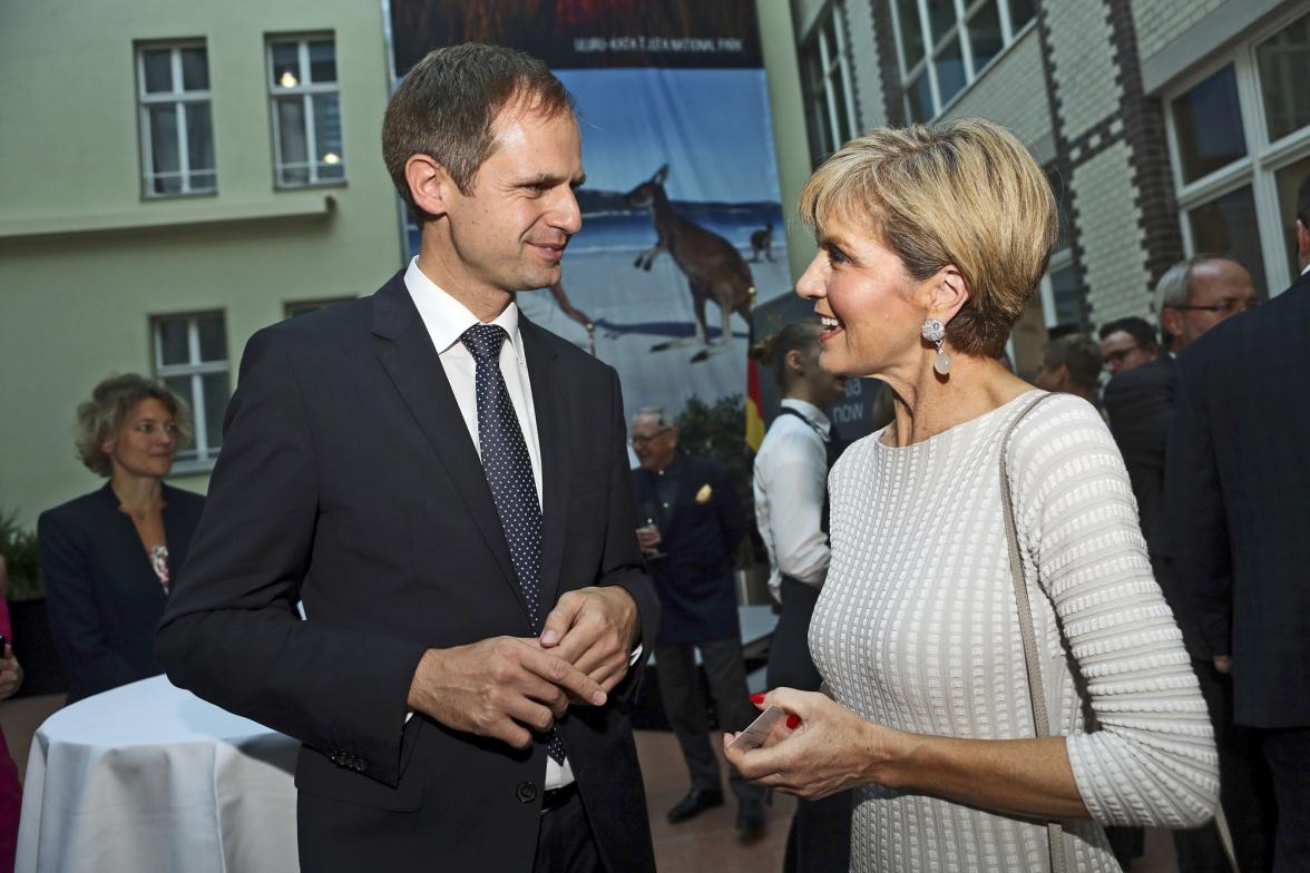 Foreign Minister Julie Bishop speaking with Mr Timo Prekop, Managing Director and Member of the Board, German-Asia-Pacific Business Association, at a reception marking the announcement of the Australia now 2017 in German program, at the Australian Embassy