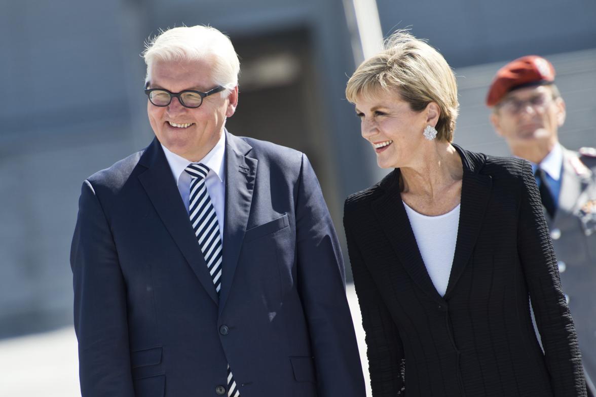 Foreign Minister Julie Bishop  with the German Foreign Minister, Mr Frank Walter Steinmeier, at the official military welcome ceremony for the 2+2 consultations in Berlin, 6 Sept.