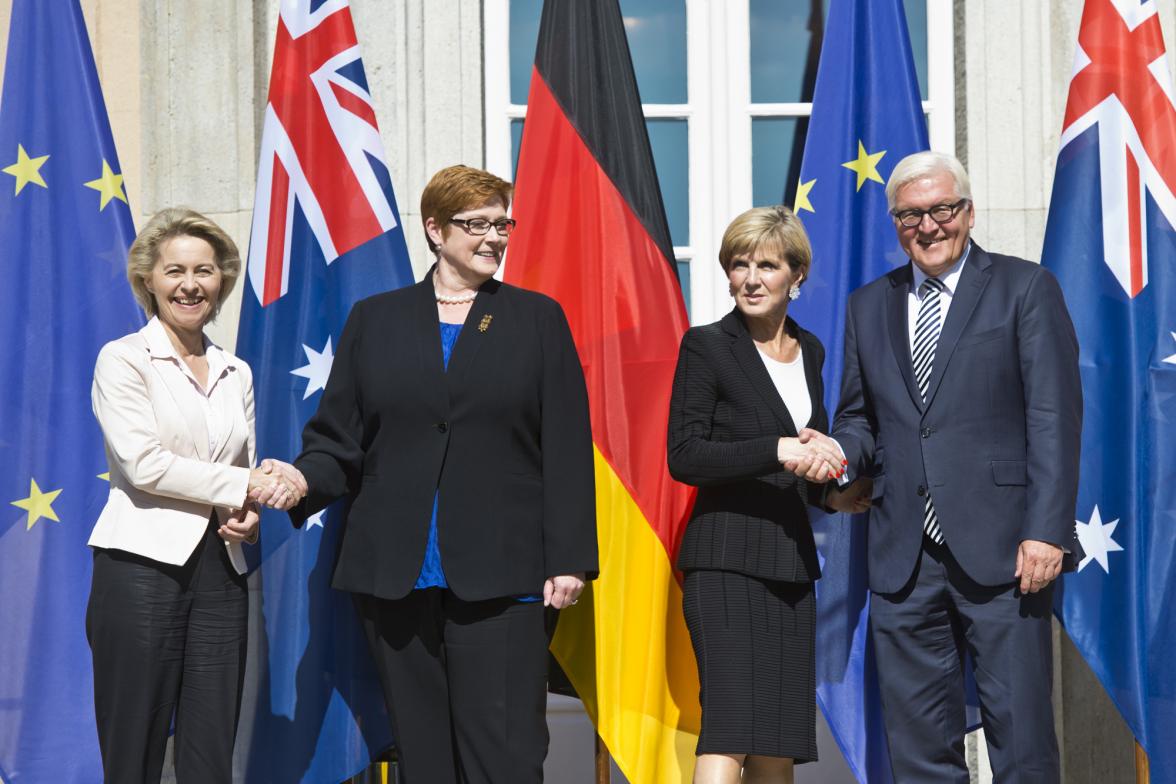 Foreign Minister Julie Bishop with Defence Minister Marise Payne, German Foreign Minister Frank-Walter Steinmeier and German Defence Minister Ursula von der Leyen outside the Guest House of the German Foreign Office, the Villa Borsig, in Berlin, 6 Septemb