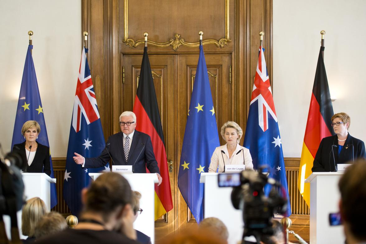 Foreign Minister Julie Bishop with German Foreign Minister Frank-Walter Steinmeier, German Defence Minister Ursula von der Leyen and Defence Minister Marise Payne at the joint 2+2 media conference, Berlin, 6 September.