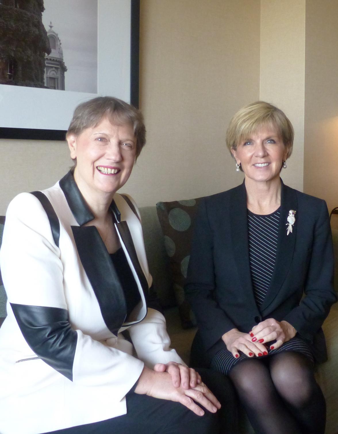 Australia's Foreign Minister Julie Bishop and Ms Helen Clark, United Nations Development Programme Administrator and former Prime Minister of New Zealand in Auckland. 1 July 2015.