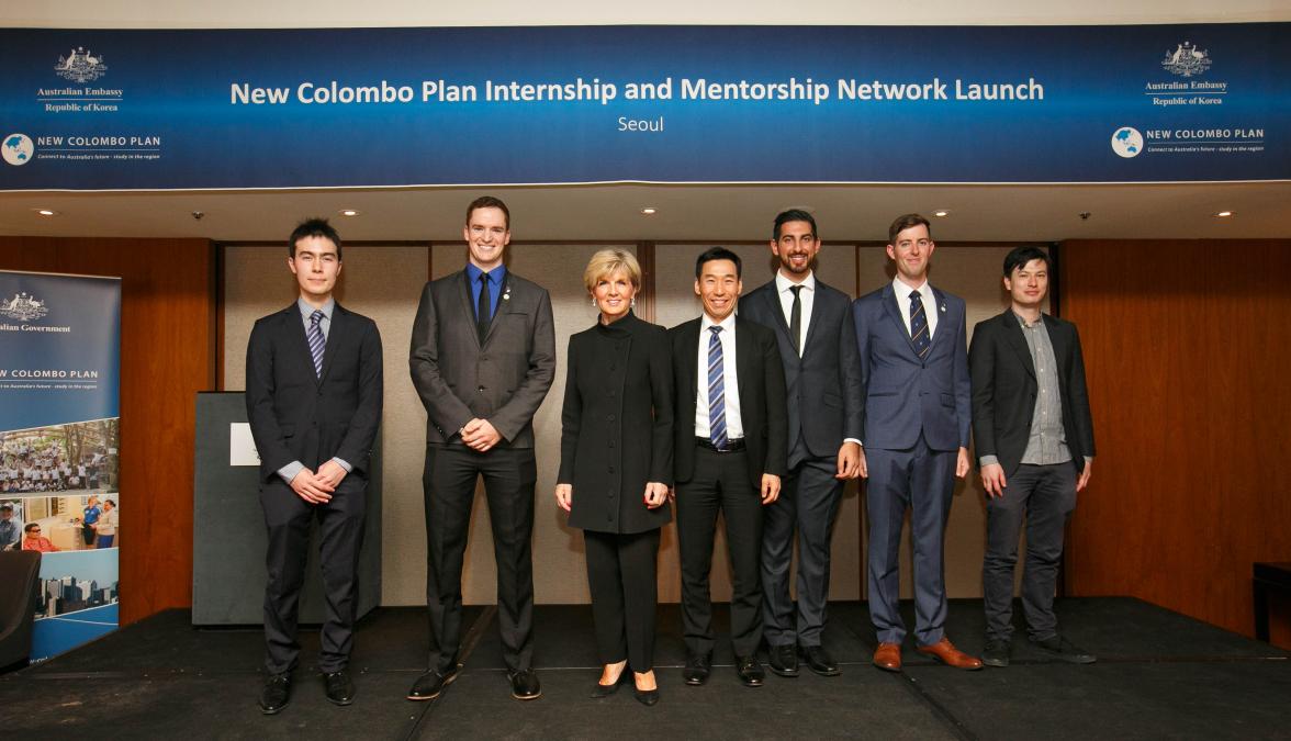 Foreign Minister Julie Bishop with Australian Ambassador James Choi and New Colombo Plan Scholars and Fellows Xavier Ekkel (2016 Scholar), Justin Freeman (2016 Fellow), Saleem Ameen (2017 Fellow), Justin O’Connor (2017 Scholar), and Alek Sigley (2016 Scho