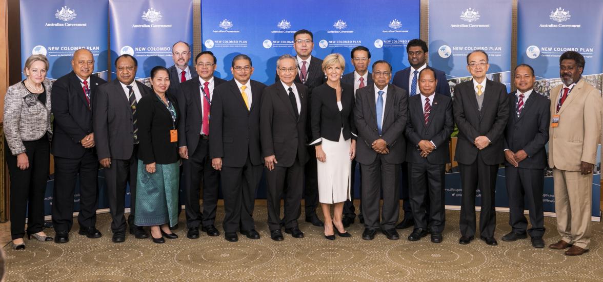 Minister for Foreign Affairs, the Hon Julie Bishop MP, with guests at the launch of the New Colombo Plan Alumni Ambassadors Program in Perth, 25 August 2017.