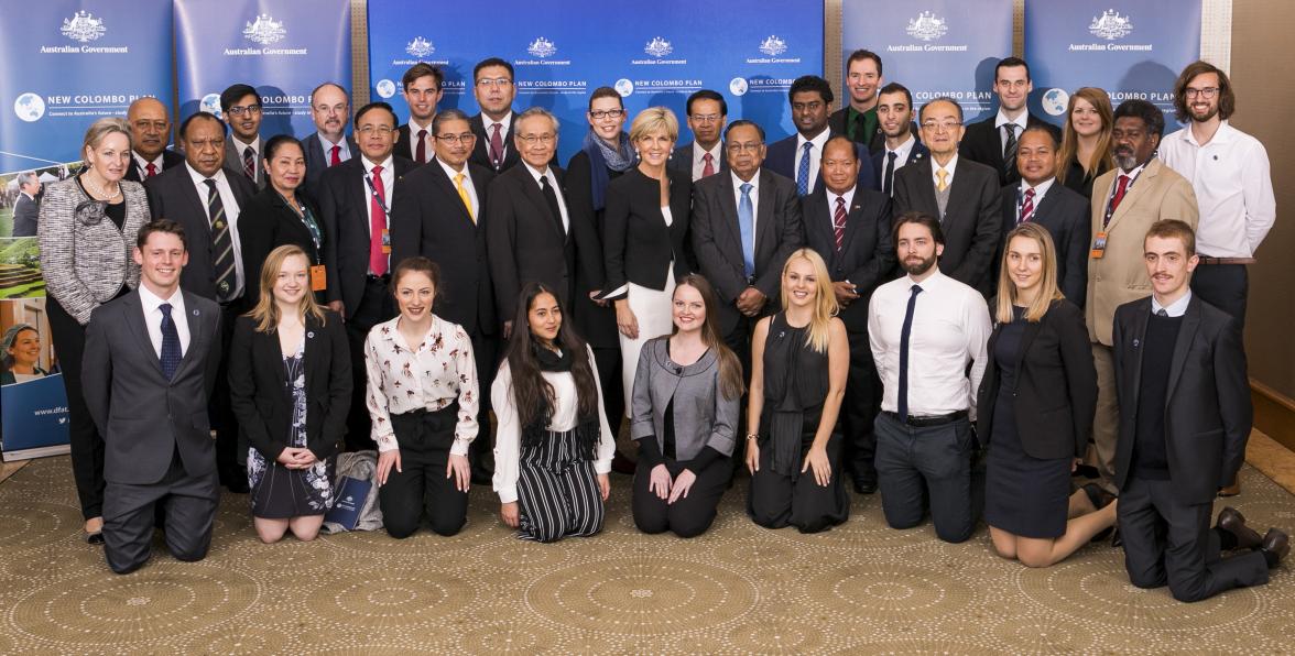 Guests and alumni with Minister for Foreign Affairs, the Hon Julie Bishop MP, at the launch of the New Colombo Plan Alumni Ambassadors Program in Perth, 25 August 2017.