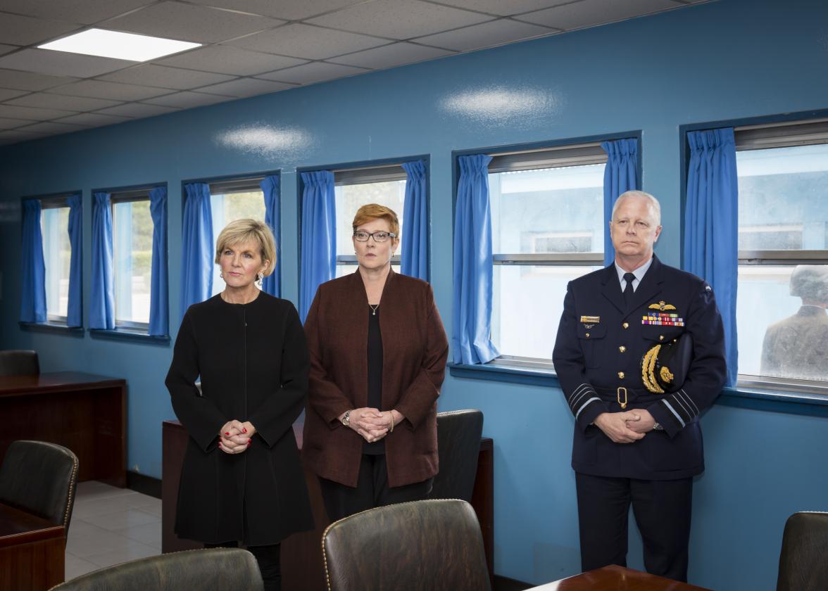 Foreign Minister, Julie Bishop and Defence Minister, Marise Payne and Air Chief Marshal Mark Binskin, Chief of the Australian Defence Force  inside Joint Security Area conference room, DMZ