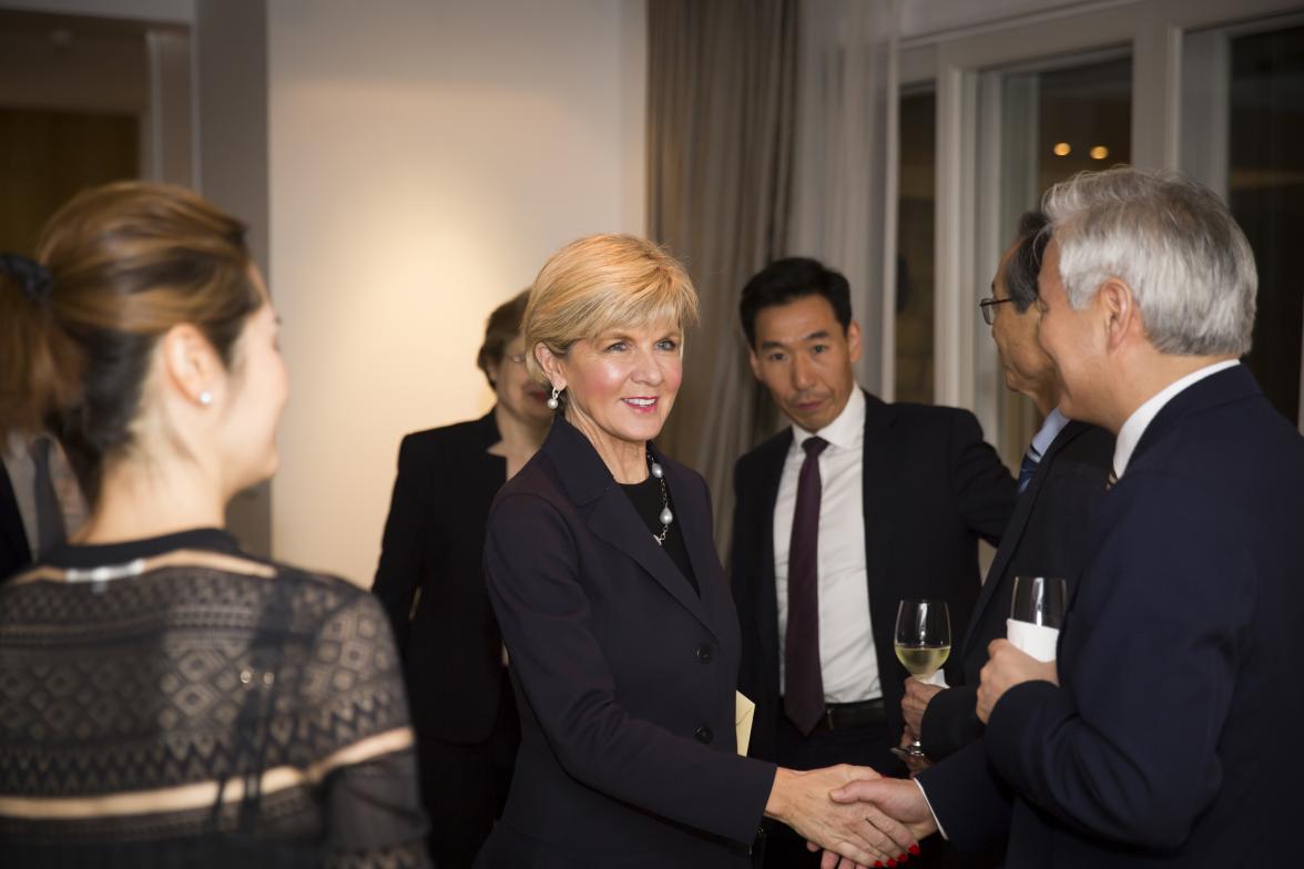 Foreign Minister Julie Bishop greeting Son Gi Woong, President of Korea Institute for National Unification at the dinner with DPRK commentators at the HOM residence in Seoul