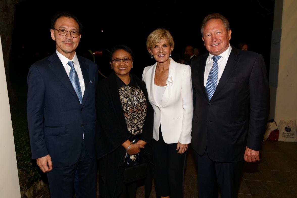 Foreign Minister Julie Bishop with her fellow co-chairs, Indonesian Foreign Minister Retno Marsudi, Australian business leader Andrew Forrest and his Indonesian counterpart Eddy Sariaatmadja meet in Perth for the Bali Process Government and Business Forum