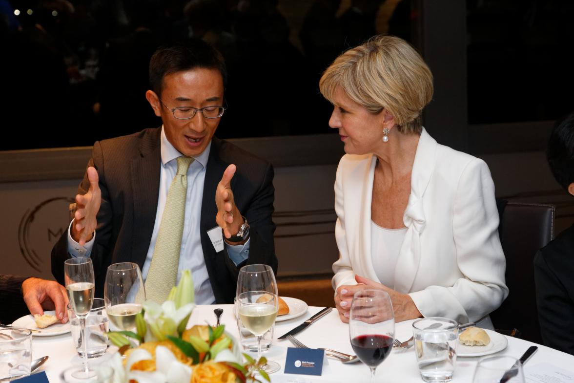 Foreign Minister Julie Bishop with Mr Winston Cheng, President of International, JD.com in Perth at the opening dinner for the inaugural Bali Process Government and Business Forum, 24 August 2017.