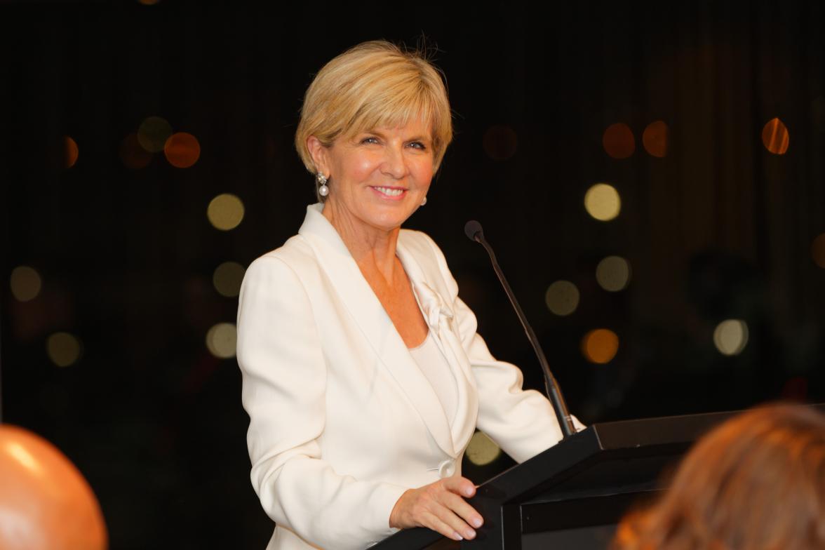 Foreign Minister Julie Bishop addresses the opening dinner for the inaugural Bali Process Government and Business Forum in Perth, 24 August 2017.