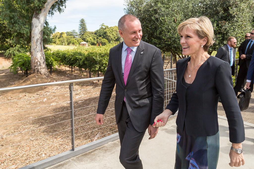 Foreign Minister Julie Bishop is met by Premier Jay Weatherill at the South Australian Wine Centre.