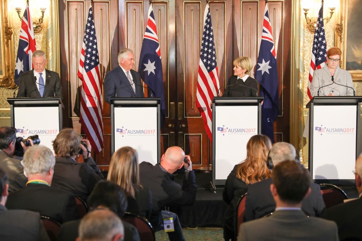 Foreign Minister Julie Bishop addresses the media with US Secretary of State Rex Tillerson, US Secretary of Defense James Mattis and Defence Minister Marise Payne in Sydney on 5 June 2017.