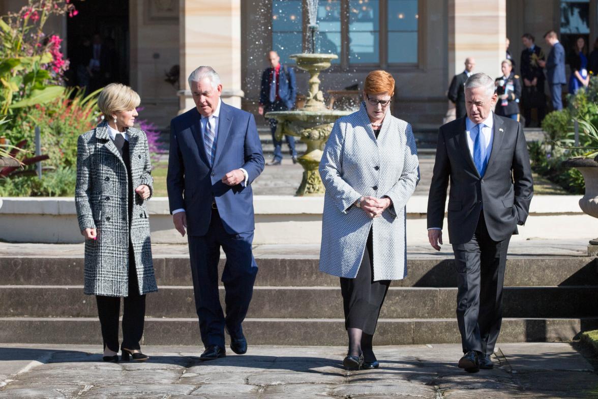 Foreign Minister Julie Bishop, US Secretary of State Rex Tillerson, Defence Minister Marise Payne and US Secretary of Defense James Mattis continue discussions in the Government House grounds during a break from the AUSMIN meetings on 5 June 2017.