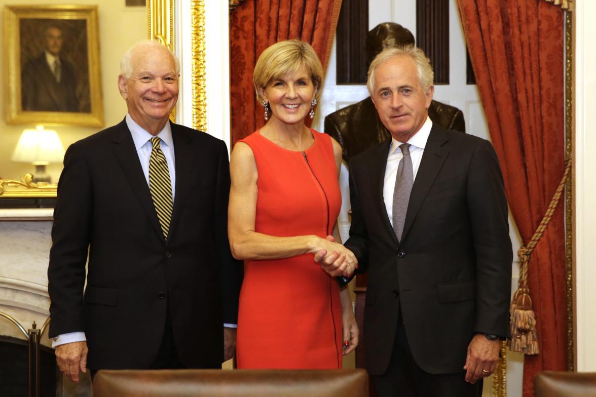 Australian Minister for Foreign Affairs Julie Bishop meets with Senate Foreign Relation Committee Chairman Bob Corker and Ranking Member Ben Cardin on Capitol Hill in Washington on September 25, 2017. Photo by Yuri Gripas