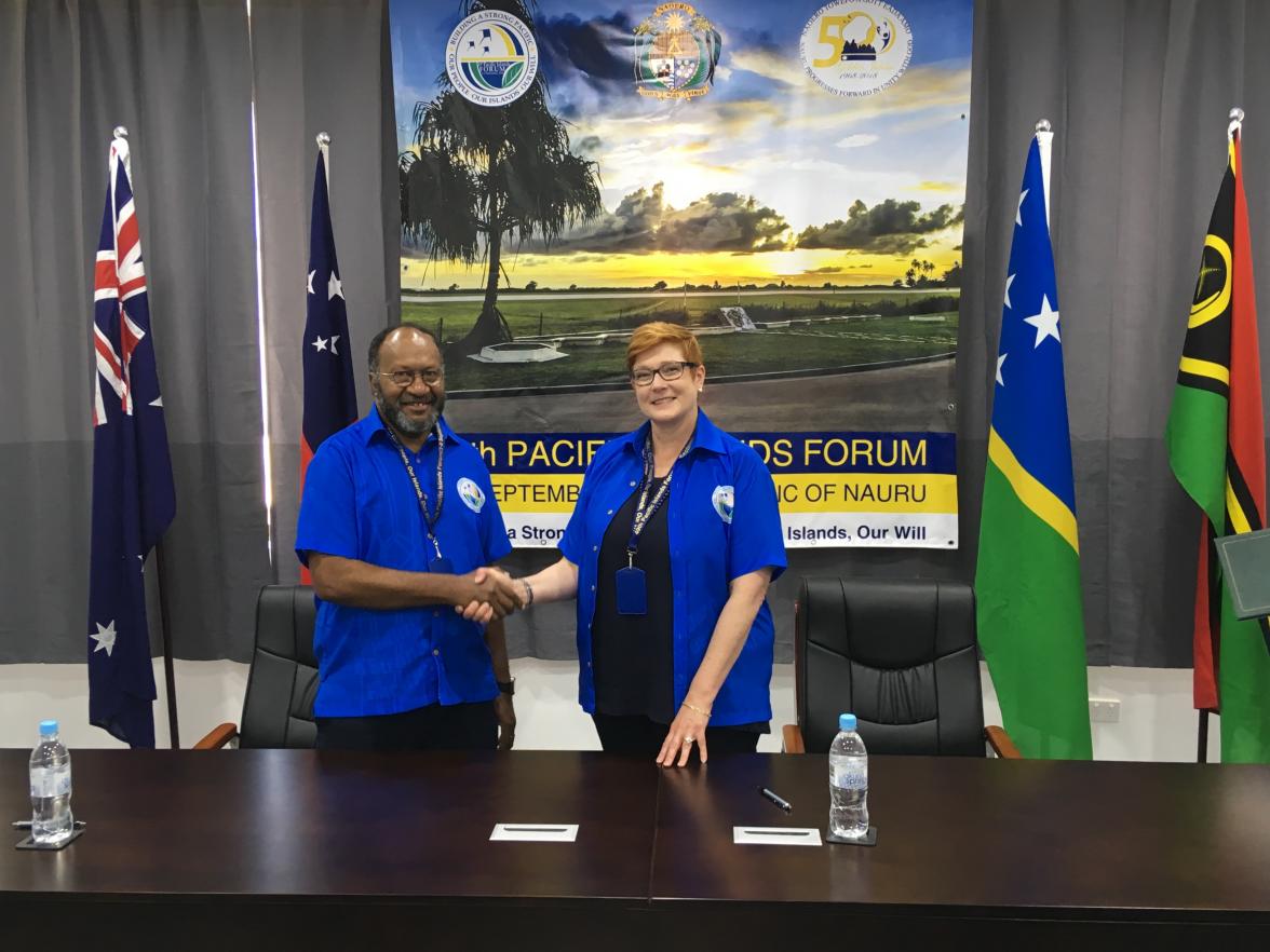 Australian Minister for Foreign Affairs, Senator the Hon Marise Payne shaking hands with the Prime Minister of Vanuatu, the Hon Charlot Salwai Tabimasmas following the signing of two MoUs between Australia and Vanuatu on participating in the Pacific Medic