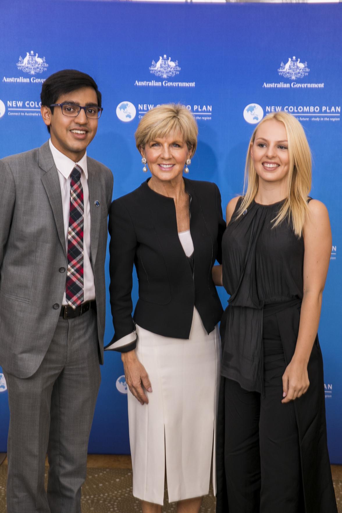 Minister for Foreign Affairs, the Hon Julie Bishop MP, with New Colombo Plan Alumni Ambassador Pratul Awasthi and alumna Isla Munro in Perth, 25 August 2017.