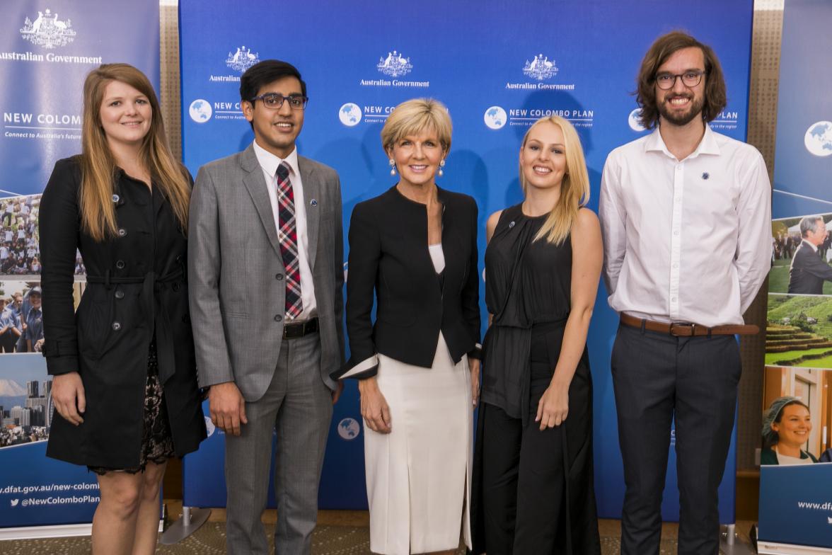 Minister for Foreign Affairs, the Hon Julie Bishop MP, with New Colombo Plan Alumni Ambassador Pratul Awasthi and alumni from Curtin University in Perth, 25 August 2017.