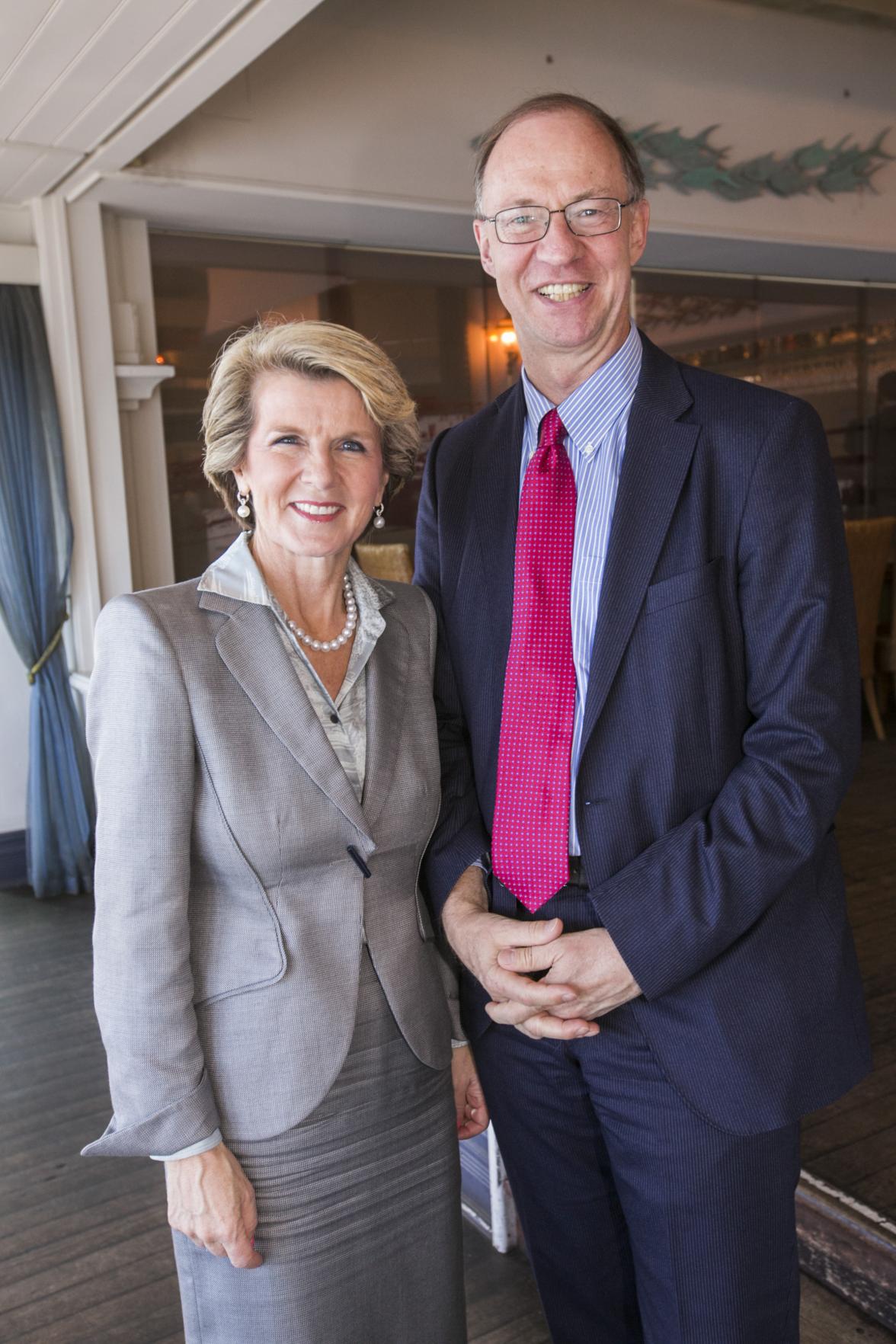 Minister for Foreign Affairs Julie Bishop with Austrian Ambassador HE Dr Helmut Bock at Indiana's in Cottesloe, Western Australia.