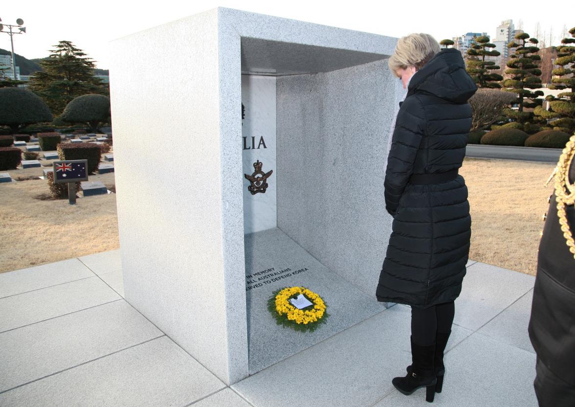 Foreign Minister Julie Bishop laying a wreath at the Australian Memorial at the United Nations Memorial Cemetery in Korea.