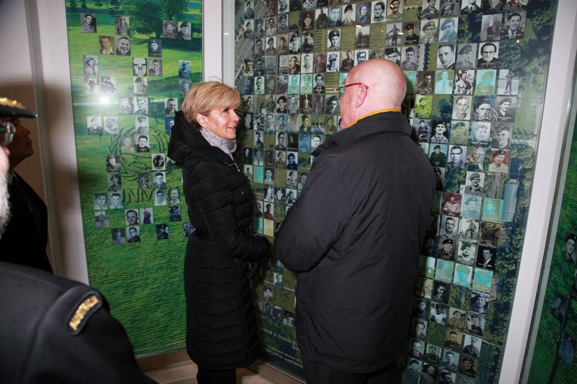 Foreign Minister Julie Bishop and UNMCK Director of Public Relations, Leo Demay at the UNMCK Memorabilia Hall.