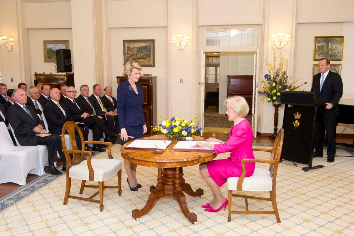 The Hon Julie Bishop MP being sworn in as Minister for Foreign Affairs by Governor-General Quentin Bryce. 18 September 2013.