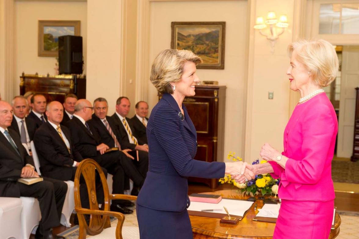 The Hon Julie Bishop MP being sworn in as Minister for Foreign Affairs by Governor-General Quentin Bryce. 18 September 2013.