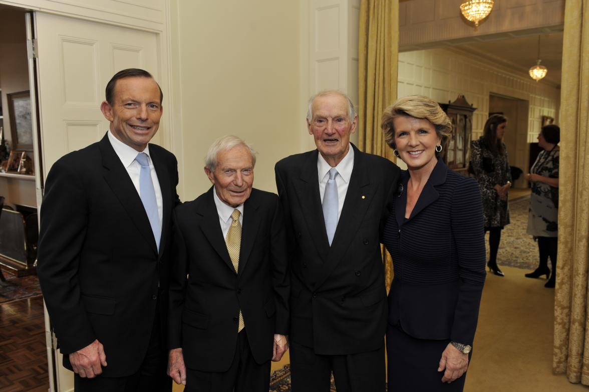 Prime Minister Tony Abbott, Richard Abbott, Doug Bishop and Foreign Minister Julie Bishop at the swearing in of the Abbott Ministry. 18 September 2013.

Photo credit: Courtesy AUSPIC