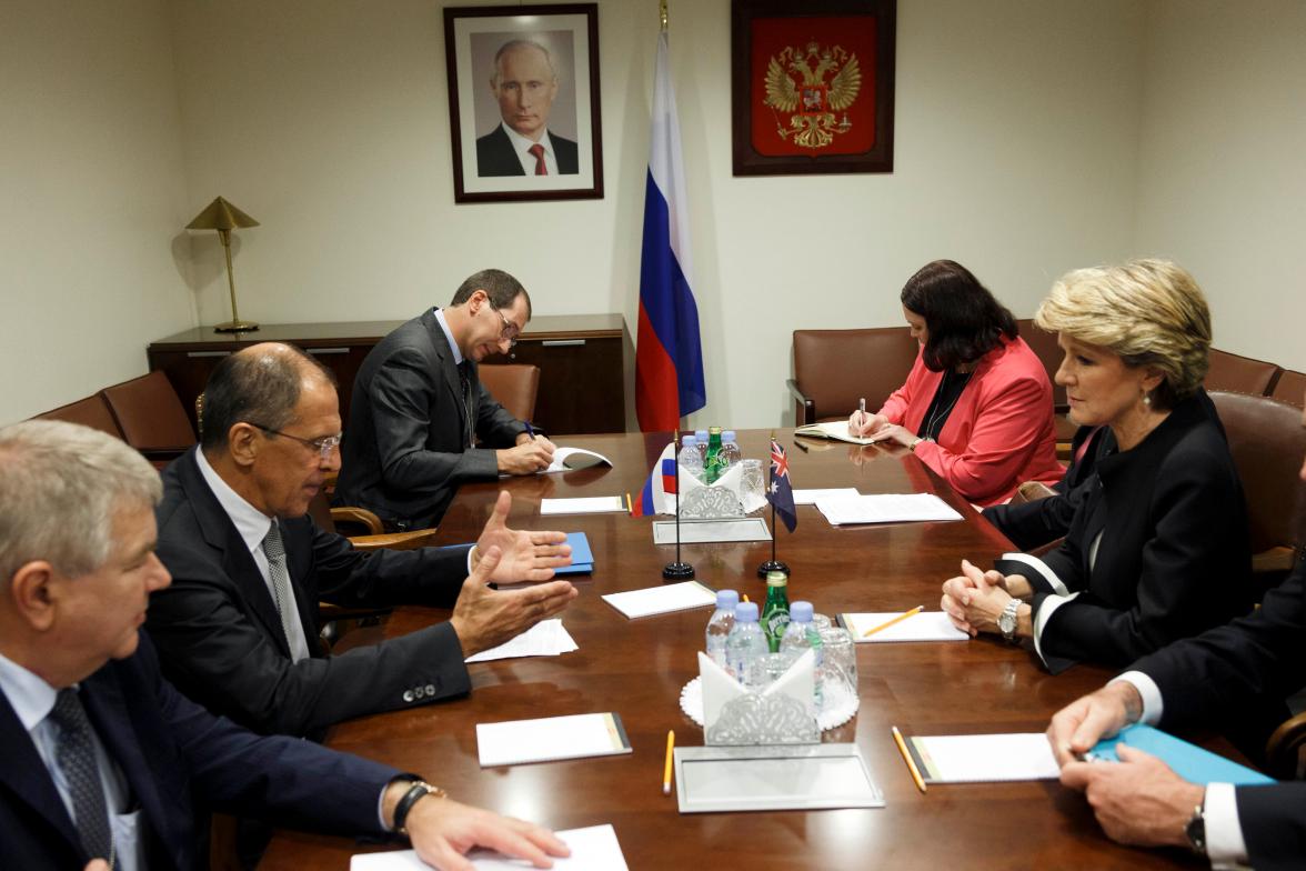 Australian Minister for Foreign Affairs, the Hon Julie Bishop MP, with HE Mr Sergey Lavrov, Minister for Foreign Affairs of Russia, at the United Nations, New York on Tuesday 24 September 2013.