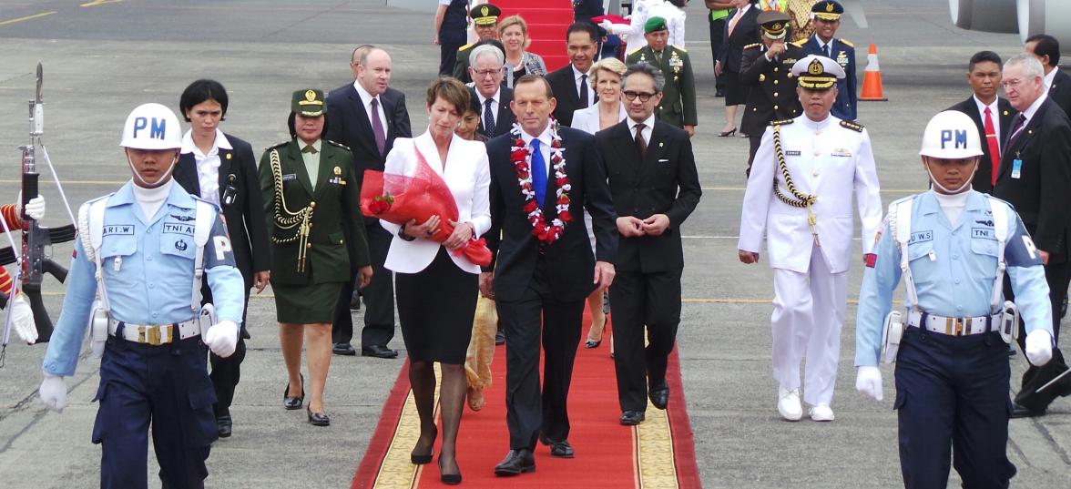 Prime Minister Tony Abbott and Foreign Minister Julie Bishop arrive at Halim Perdanakusuma airport in Jakarta, Indonesia. 30 September 2013