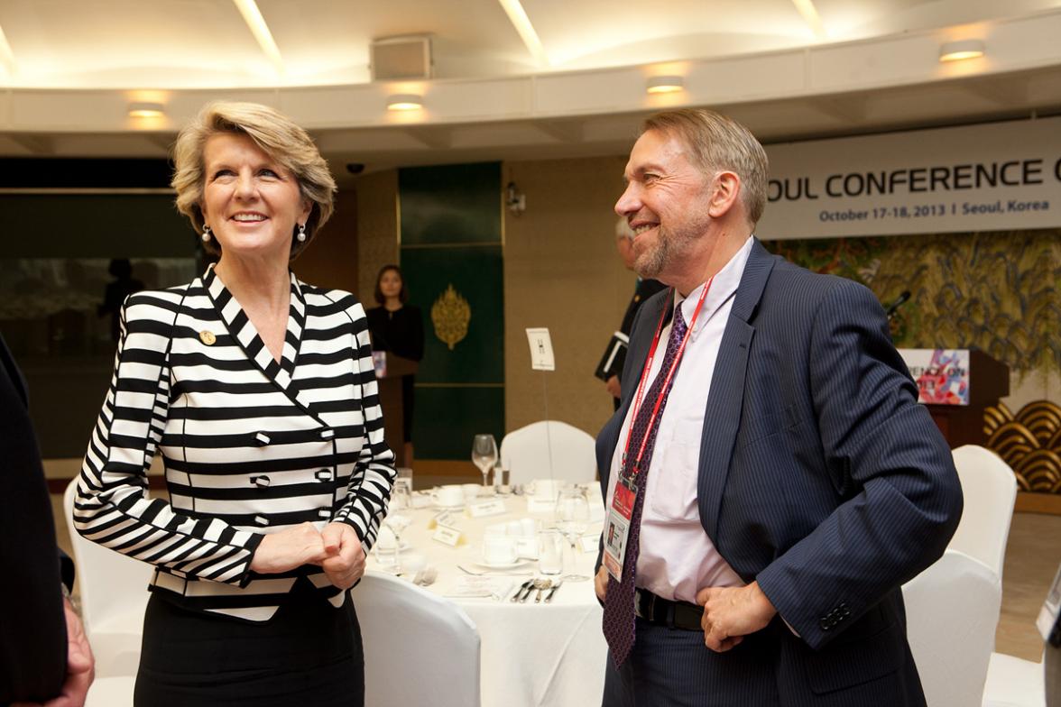 Foreign Minister Julie Bishop with US Coordinator for cyber issues state department, Mr Christopher Painter, attending an official lunch for Ministers at the Conference on Cyberspace in Seoul.