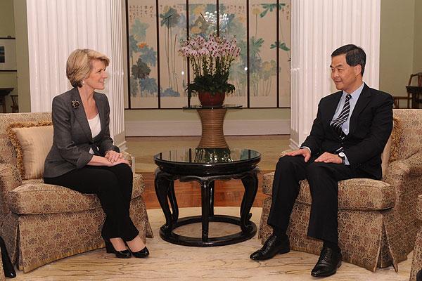 Foreign Minister Bishop with Mr CY Leung, Chief Executive of Hong Kong Special Administrative Region 19 October 2013.